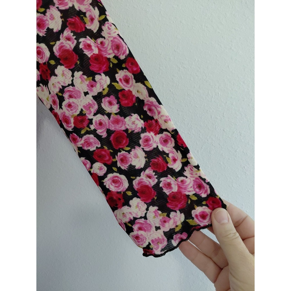 VTG Y2K 90s Zinc Mesh Dress XS/S Pink Red Floral Fairy Romantic Stretch Ruffle‎ - Picture 7 of 13